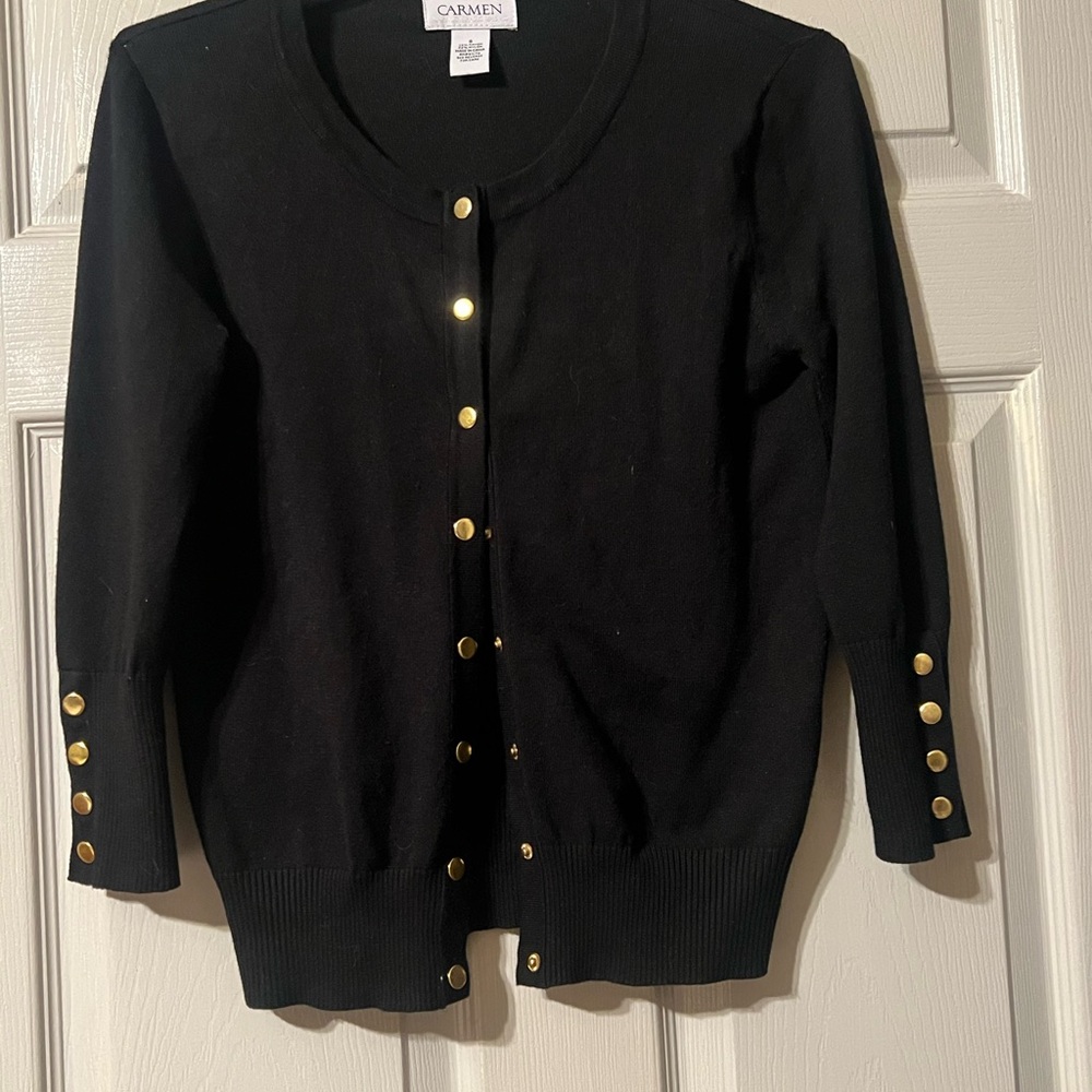 Carmen Marc Valvo Black Cardigan with Gold Buttons